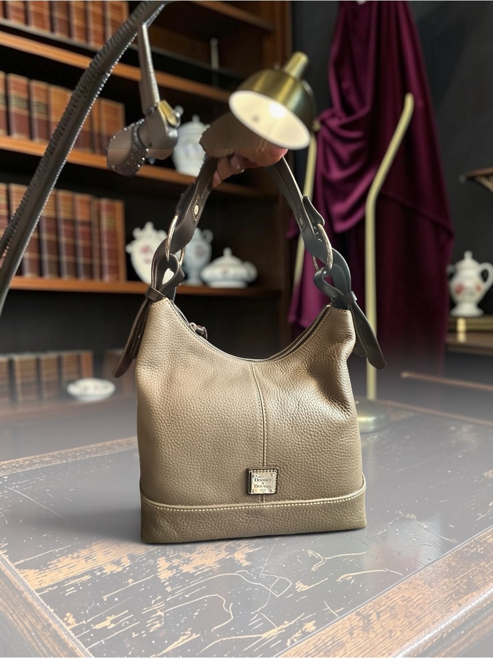 Dooney & Bourke Pebbled Leather Hobo Bag in Taupe Brown